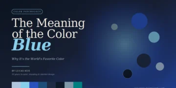 The meaning of the color blue — why it's the world's favorite color; a deep navy hero with eight blue color swatches by Lucas Hue