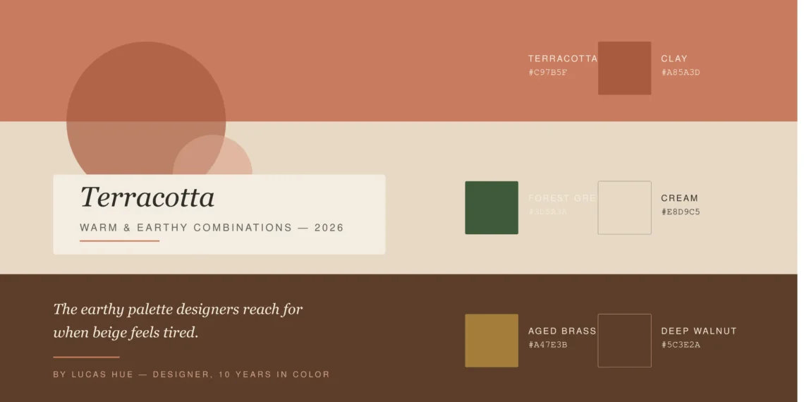 Terracotta color palette flat lay with clay pot, burnt orange textile, and forest green accents