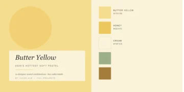 Butter yellow color palette flat lay with cream pottery, dried wheat, and brass accents