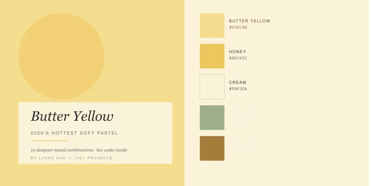 Butter yellow color palette flat lay with cream pottery, dried wheat, and brass accents