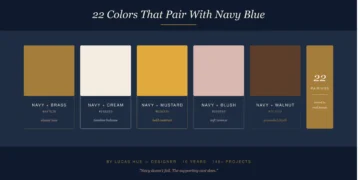 Navy blue color palette with brass, cream, mustard, and blush pairings on velvet background