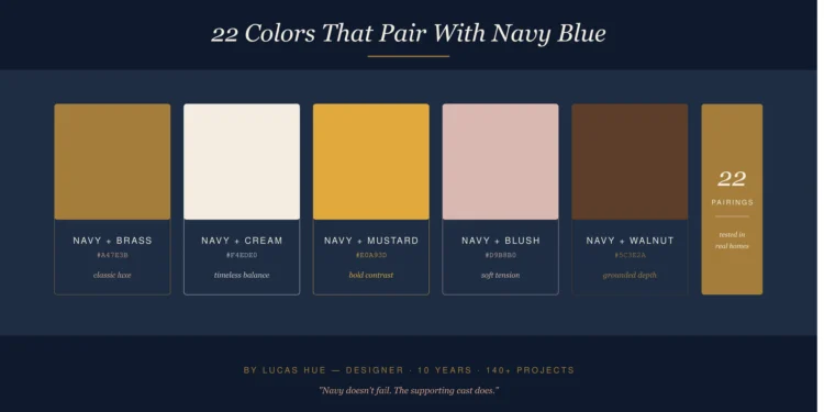 Navy blue color palette with brass, cream, mustard, and blush pairings on velvet background