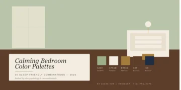 Calming bedroom with sage walls, cream linen bedding, oak nightstand, and brass lamp